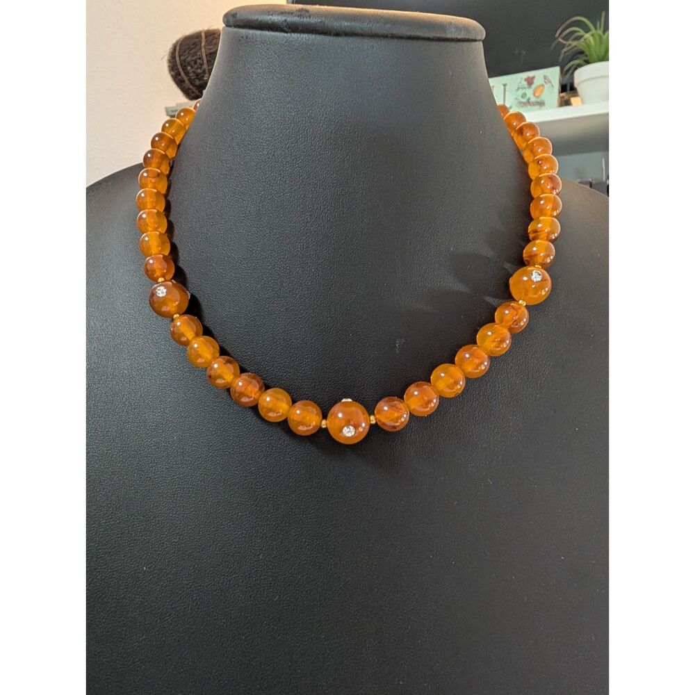 Vintage 18" Graduated Honey Amber Bead Necklace with Rhinestone Accents